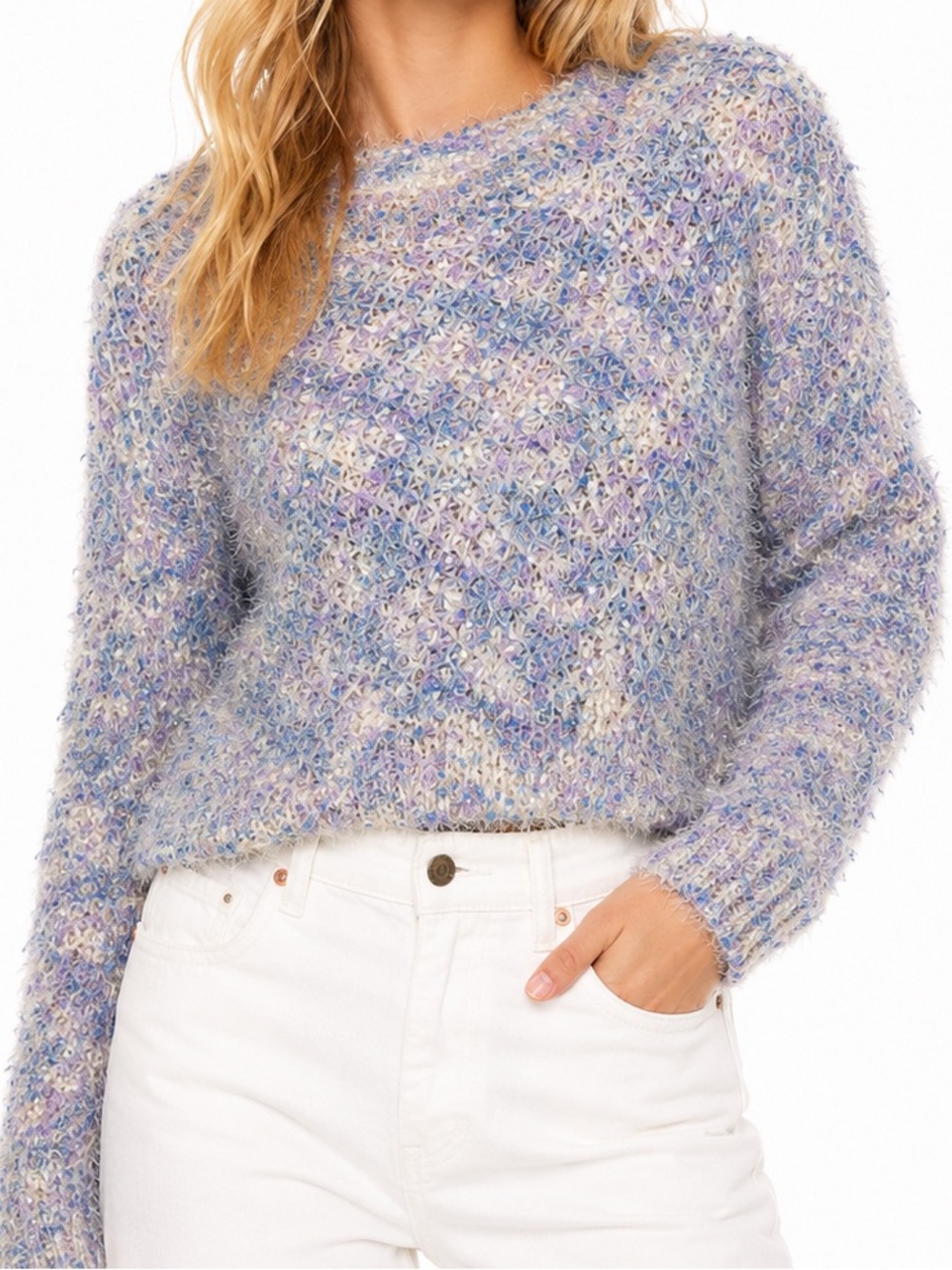 Lavender Multi-Textured Fuzzy Crewneck Sweater